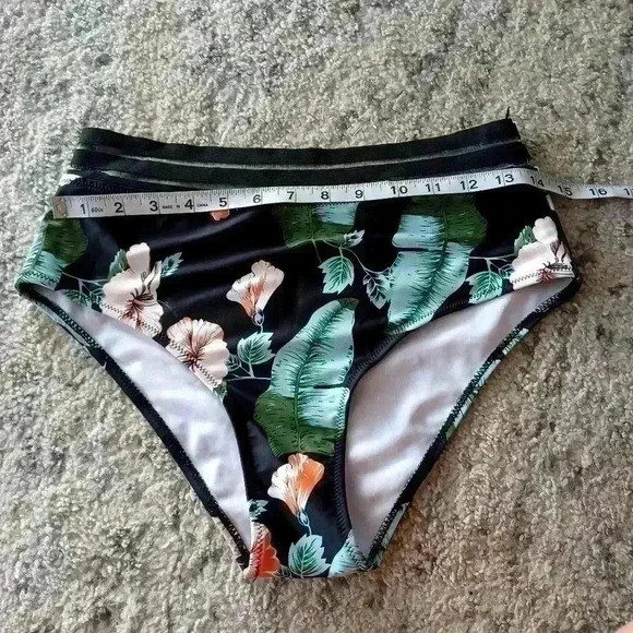 Shein Womens Black Floral 2 Piece One Shoulder Swimsuit L - Picture 6 of 16